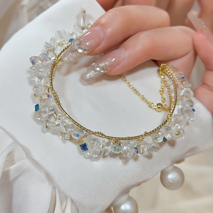 Gold Wire Clear Crystal Chip Cluster Open Cuff Bracelet