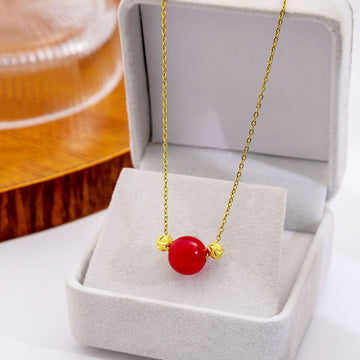 Gold Chain Red Round Bead Necklace Textured Gold Accents
