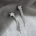 Silver Pave Star Long Snake Chain Tassel Drop Earrings view 4