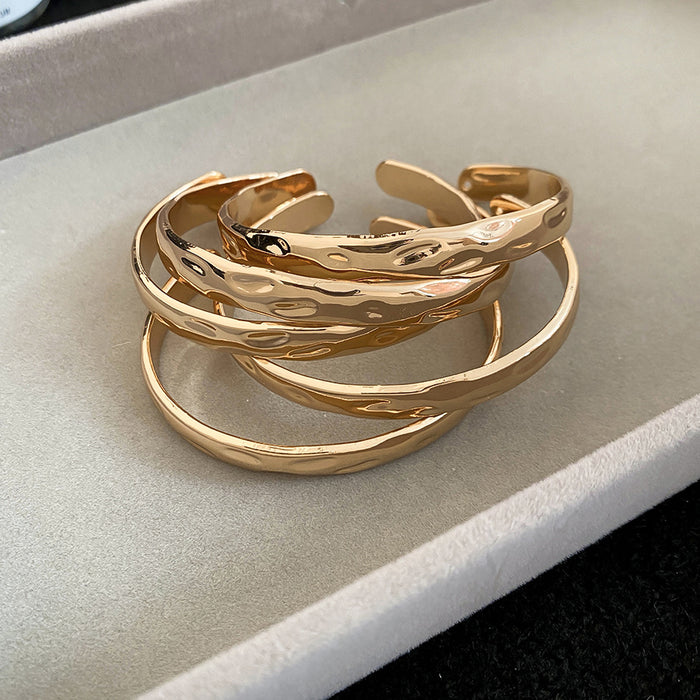 Wrinkled Hammered Open Cuff Bracelet Five Piece Gold Silver