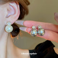 Square Crystal And Faux Pearl Drop Stud Earrings With Decorative Metal Details view 1