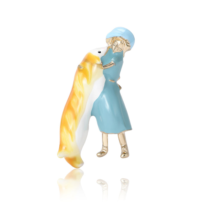 Girl Hugging Dog Enamel Metal Brooch in Yellow and Blue