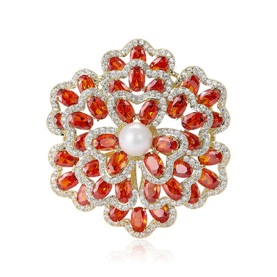 Orange-red pearl center rhinestone flower brooch front view