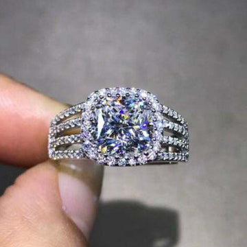 Round Crystal Cushion Halo Split Band Ring in Silver Tone