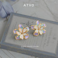 Gold Tone Iridescent Lavender Flower Clear Stone Stud Earrings view 4