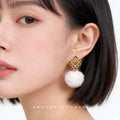 Gold Openwork Flower Black Zircon White Pom-Pom Drop Earrings view 2