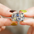 Wide Openwork Band Ring Blue Yellow Stones Gold Silver Tone view 3