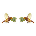 Gold Tone Brown Bird Green Flower Painted Stud Earrings view 5