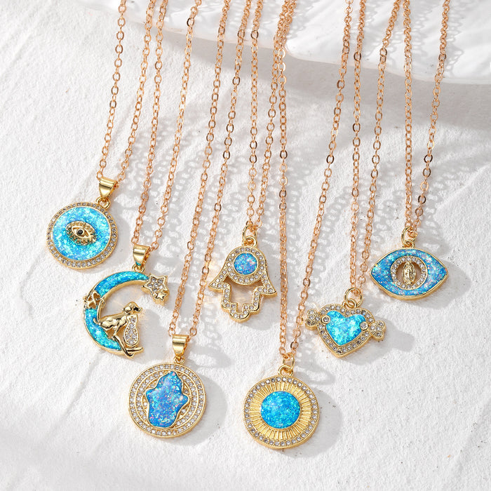 Gold Tone Blue Opal Effect Evil Eye and Hamsa Pendant Necklaces