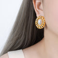 Gold Oval Swirl Stud Earrings Pearl Center Crystal Accents view 4