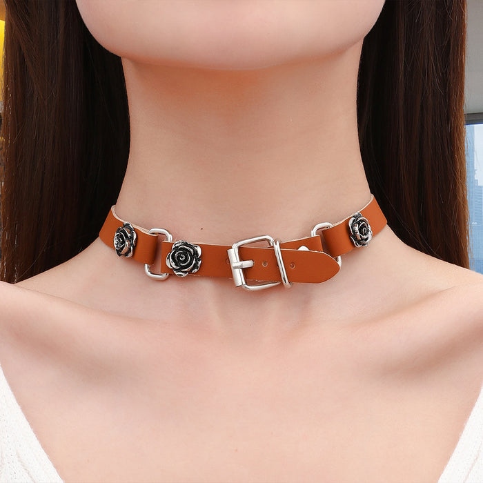 Leather Rose Buckle Choker Necklaces Multi Style Colors