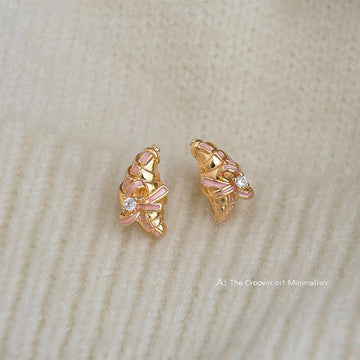 Gold Croissant Pink Enamel Bow Crystal Stud Earrings