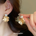 Gold Petal Stud Earrings with Irregular White Pearl Drops view 4