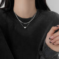 Silver Double Layer Snake Chain Heart Pendant Necklace view 1