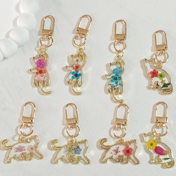 Gold Tone Pressed Flower Cat Resin Clip Keychains in Eight Designs