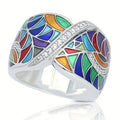 Multicolor Enamel Mosaic Crossover Wide Ring In Silver Tone view 1