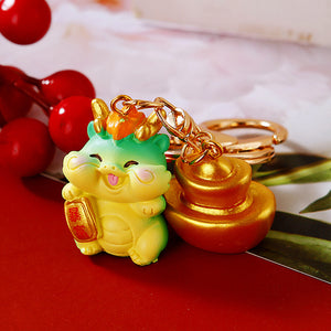 Resin Cartoon Fortune Dragon Keychain, Nine Poses and Gold-Tone Clasp