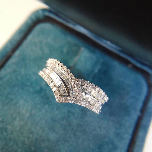 White gold multi-row baguette V crystal ring in teal velvet box