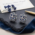 Blue Floral Crystal Look Silver Tone Statement Stud Earrings view 3