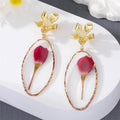 Gold Tone Butterfly Top Resin Pressed Flower Drop Stud Earrings view 3