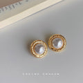 Gold Textured Round Pearl Stud Earrings Circular Rims view 3