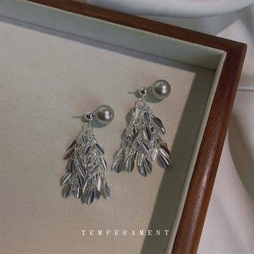 Silver Tone Gray Pearl And Layered Leaf Fringe Drop Stud Earrings