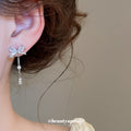 Crystal Bow and Pearl Tassel Drop Earrings in Silver Tone view 3