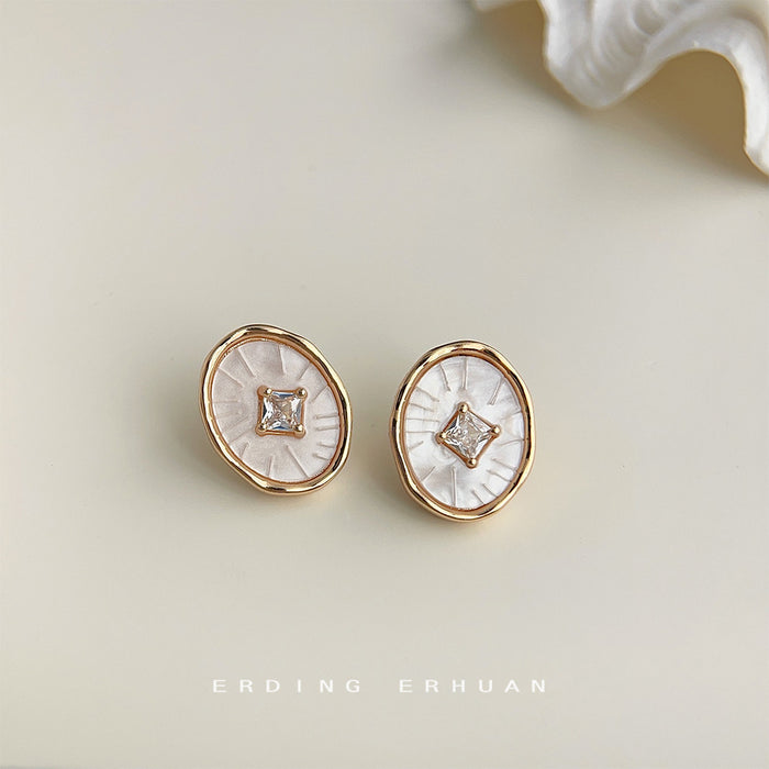 Gold Oval Mother of Pearl Radiating Crystal Stud Earrings