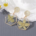 Gold Tone Hexagon Resin Pressed Flower Drop Stud Earrings view 6