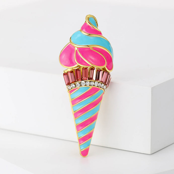 Pink Blue Enamel Ice Cream Cone Brooch Gold Rhinestone Pin