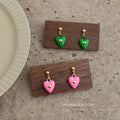 Gold Ball Stud Enamel Heart Drop Earrings Green Pink view 1