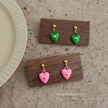 Gold Ball Stud Enamel Heart Drop Earrings Green Pink