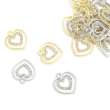 Crystal-Accented Gold Silver Heart Alloy Craft Charms in 2 Styles