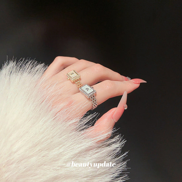 Square Watch Face Ring In Silver Tone Or Gold Tone With Crystal Halo