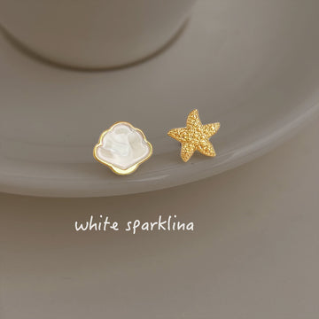 Gold Tone White Shell And Starfish Asymmetric Stud Earrings