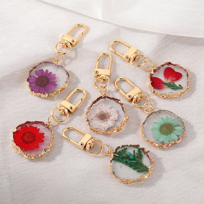 Gold Tone Irregular Round Pressed Flower Resin Clip Keychains