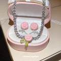 Pink Rose Crystal Tennis Necklace And Rose Leaf Stud Earrings view 2