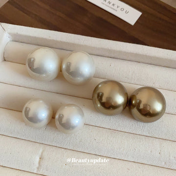 Round Pearl Look Stud Earrings in White and Bronze Tones