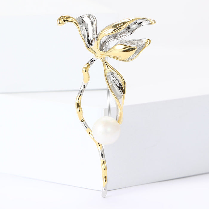 Two Tone Leaf Branch Brooch With White Pearl-Like Bead