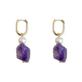 Gold Oval Huggie Pearl Raw Amethyst Stone Drop Earrings view 5