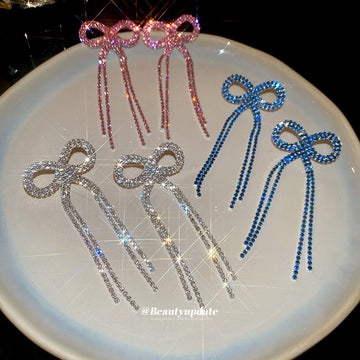 Pink Crystal Bow Tassel Stud Earrings Statement Pair