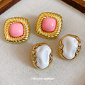 Gold Tone Square Stud Earrings with Pink or White Centers view 4