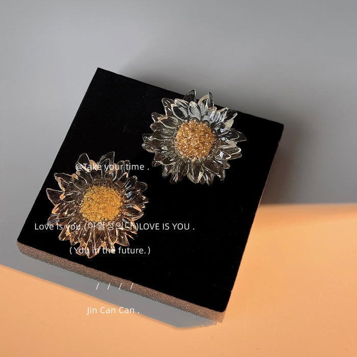 Clear Sunflower Stud Earrings with Gold Glitter Centers