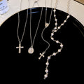 Silver Multi Layer Cross Pearl Necklace Rosary Style view 6