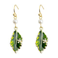 Green Enamel Leaf Pearl Hook Drop Earrings Gold Tone view 5