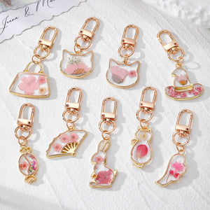 Pink Dried Flower Gold Frame Keychains 9 Shape Styles
