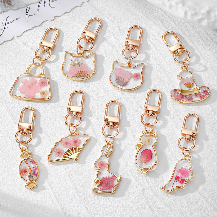 Pink Dried Flower Gold Frame Keychains 9 Shape Styles