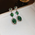 Silver Tone Green Triple Stone Drop Earrings With Clear Halos view 6