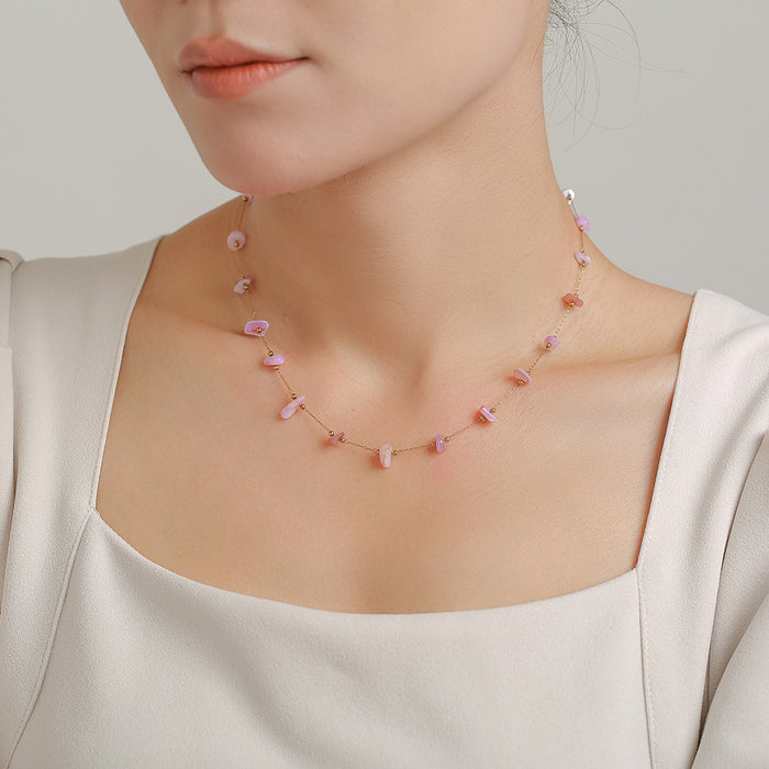 Gold Pink Natural Stone Chip Necklace Bracelet Set
