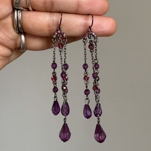 Dark Metal Purple Crystal Tassel Hook Earrings Decorative Jewelry